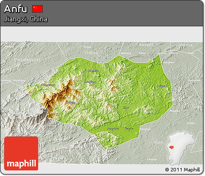 Physical 3D Map of Anfu, lighten, semi-desaturated
