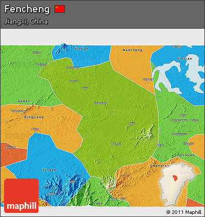 Physical 3D Map of Fencheng, political outside