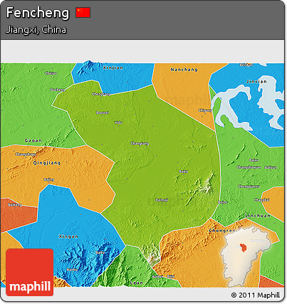 Physical 3D Map of Fencheng, political outside