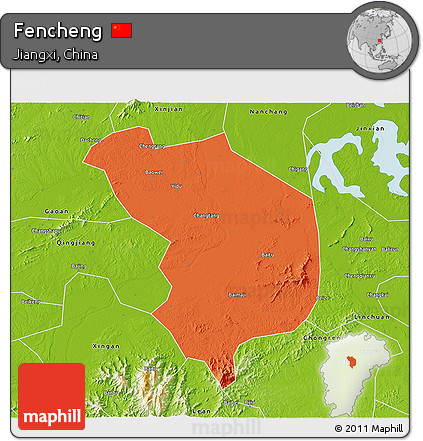 Political 3D Map of Fencheng, physical outside