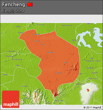 Political 3D Map of Fencheng, physical outside