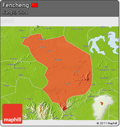 Political 3D Map of Fencheng, physical outside