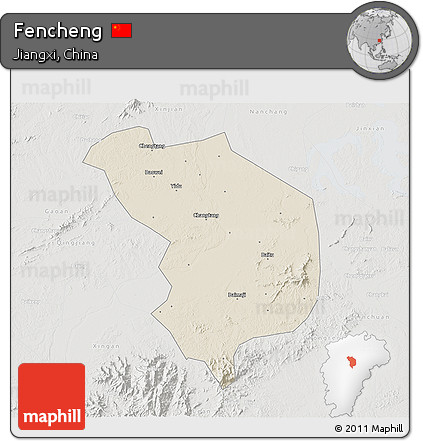 Shaded Relief 3D Map of Fencheng, lighten, semi-desaturated