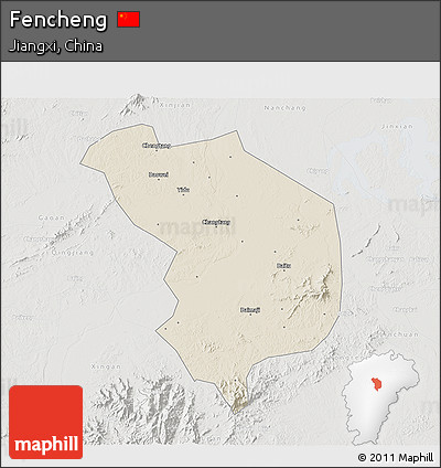 Shaded Relief 3D Map of Fencheng, lighten, semi-desaturated