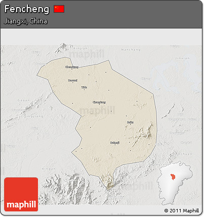 Shaded Relief 3D Map of Fencheng, lighten, semi-desaturated