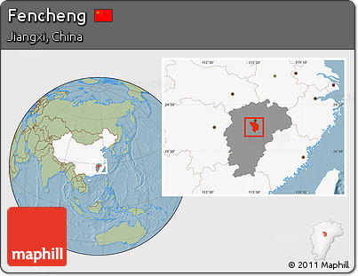 Savanna Style Location Map of Fencheng, highlighted country, highlighted parent region, hill shading