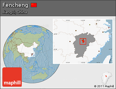 Savanna Style Location Map of Fencheng, highlighted country, highlighted parent region, hill shading
