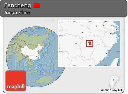 Savanna Style Location Map of Fencheng, highlighted country, hill shading