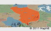Political Panoramic Map of Fencheng, semi-desaturated