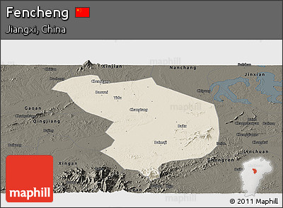 Shaded Relief Panoramic Map of Fencheng, darken