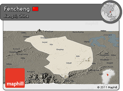 Shaded Relief Panoramic Map of Fencheng, darken