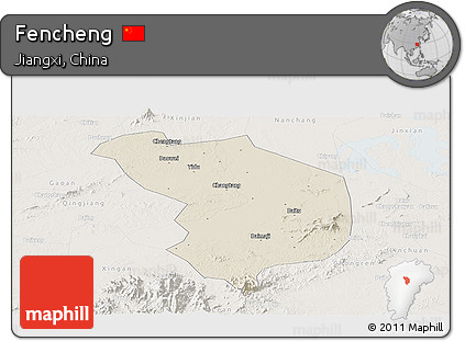 Shaded Relief Panoramic Map of Fencheng, lighten