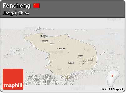 Shaded Relief Panoramic Map of Fencheng, lighten, semi-desaturated