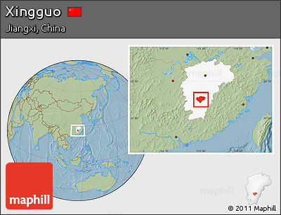 Savanna Style Location Map of Xingguo, highlighted parent region, hill shading