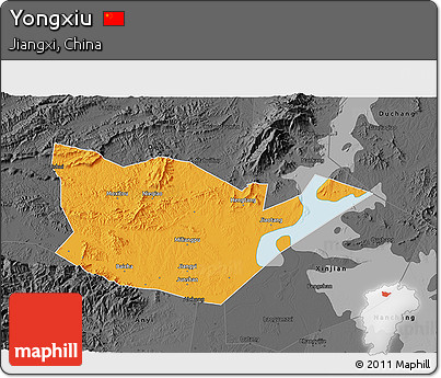Political 3D Map of Yongxiu, darken, desaturated