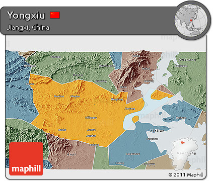 Political 3D Map of Yongxiu, semi-desaturated