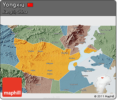 Political 3D Map of Yongxiu, semi-desaturated