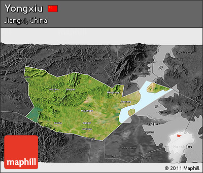 Satellite 3D Map of Yongxiu, darken, desaturated