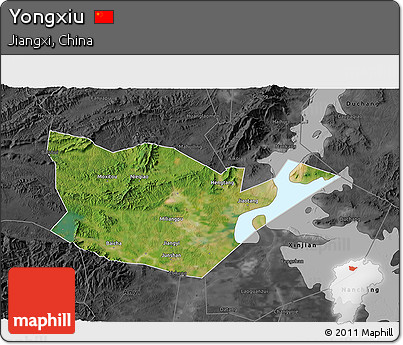 Satellite 3D Map of Yongxiu, darken, desaturated