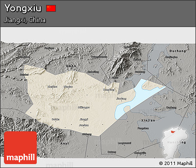 Shaded Relief 3D Map of Yongxiu, darken, semi-desaturated