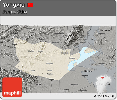 Shaded Relief 3D Map of Yongxiu, darken, semi-desaturated