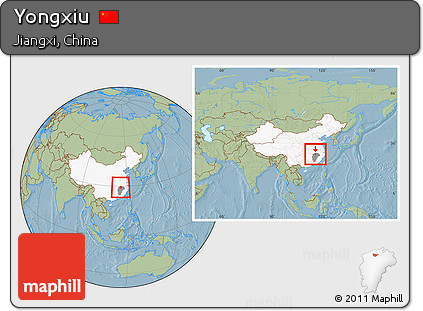 Savanna Style Location Map of Yongxiu, highlighted country, highlighted parent region, within the entire country, hill shading