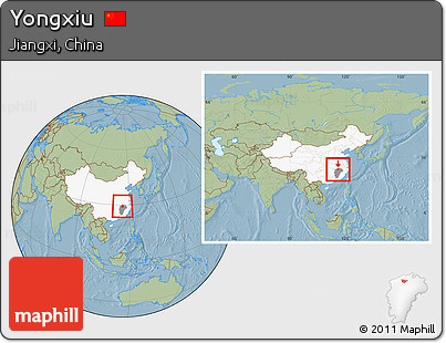 Savanna Style Location Map of Yongxiu, highlighted country, highlighted parent region, within the entire country, hill shading
