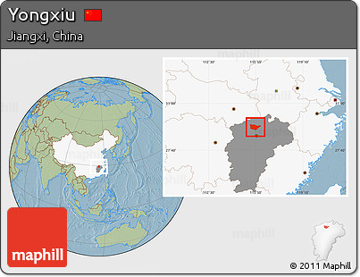 Savanna Style Location Map of Yongxiu, highlighted country, highlighted parent region, hill shading