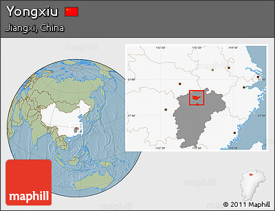 Savanna Style Location Map of Yongxiu, highlighted country, highlighted parent region, hill shading
