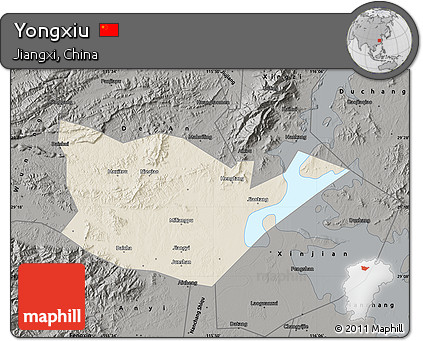 Shaded Relief Map of Yongxiu, darken, semi-desaturated