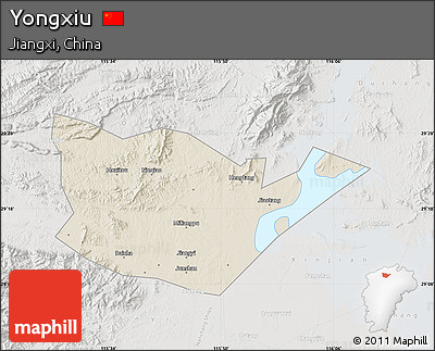 Shaded Relief Map of Yongxiu, lighten, semi-desaturated