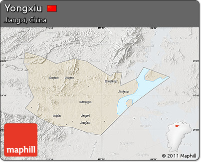 Shaded Relief Map of Yongxiu, lighten, semi-desaturated
