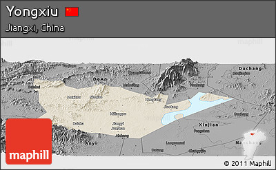 Shaded Relief Panoramic Map of Yongxiu, darken, desaturated