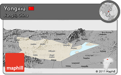 Shaded Relief Panoramic Map of Yongxiu, darken, desaturated