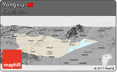 Shaded Relief Panoramic Map of Yongxiu, darken, desaturated