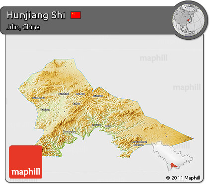 Physical 3D Map of Hunjiang Shi, single color outside