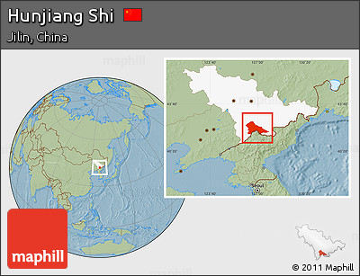 Savanna Style Location Map of Hunjiang Shi, highlighted parent region, hill shading