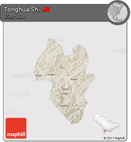 Shaded Relief 3D Map of Tonghua Shi, single color outside