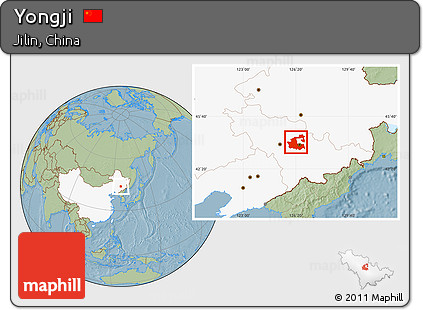 Savanna Style Location Map of Yongji, highlighted country, hill shading