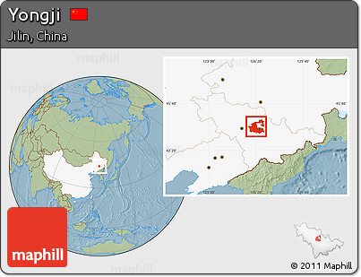 Savanna Style Location Map of Yongji, highlighted country, hill shading