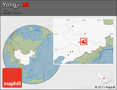 Savanna Style Location Map of Yongji, highlighted country, hill shading