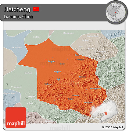 Political 3D Map of Haicheng, lighten, semi-desaturated