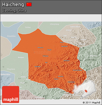Political 3D Map of Haicheng, lighten, semi-desaturated