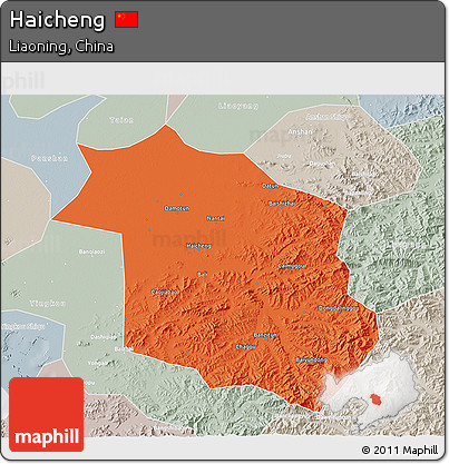 Political 3D Map of Haicheng, lighten, semi-desaturated