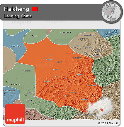 Political 3D Map of Haicheng, semi-desaturated