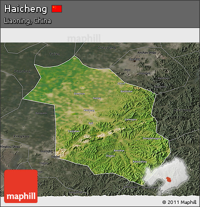 Satellite 3D Map of Haicheng, darken, semi-desaturated