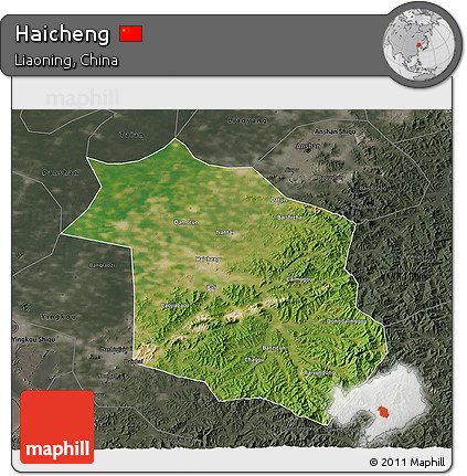 Satellite 3D Map of Haicheng, darken, semi-desaturated