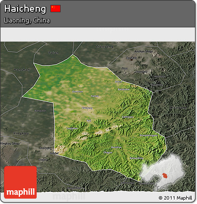 Satellite 3D Map of Haicheng, darken, semi-desaturated