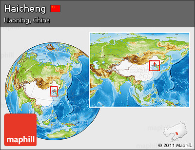 Physical Location Map of Haicheng, highlighted country, highlighted parent region, within the entire country