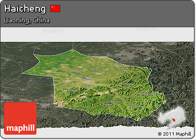 Satellite Panoramic Map of Haicheng, darken, semi-desaturated